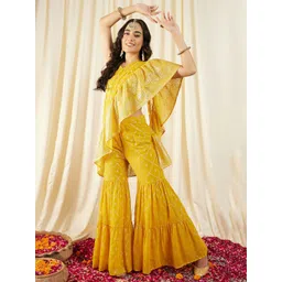 MABISH by Sonal Jain Printed Crop Top & Sharara With Frilled Dupatta-image-21