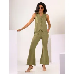 Mabish By Sonal Jain Waist Coat With Stretchable Cotton Lycra Bootcut Trousers Set In Khaki Green-image-2