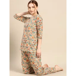 MABISH by Sonal Jain Women Beige & Orange Printed Pure Cotton Night suit-image-3