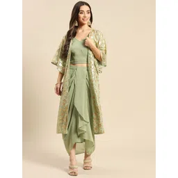 MABISH by Sonal Jain Women Green Printed Top with Pleated Skirt & Jacket-image-14