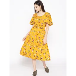 MABISH by Sonal Jain Women Mustard Yellow & Maroon Floral Printed A-Line Dress-image-22