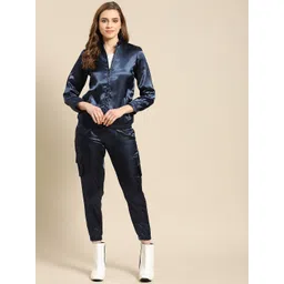 MABISH by Sonal Jain Women Navy Blue Solid Satin Finish Co-Ords-image-25