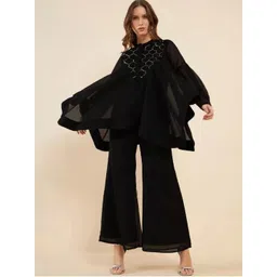 Mabish Embellished Mandarin Collar Flared Sleeve Georgette Longline Top-picture-47