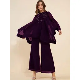 Mabish Embellished Mandarin Collar Sequinned Flared Sleeve Georgette Longline Top-picture-51