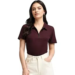 mack jonney Ribbed |Regular Fit | Half Sleeves 100% Cotton Polo Neck Self Design with Zip T-Shirt for Women-M919-picture-43