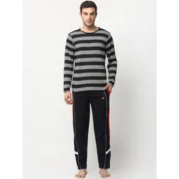 mack jonney VIMAL JONNEY Men Black & Grey Striped Pure Cotton Night Suit-picture-36