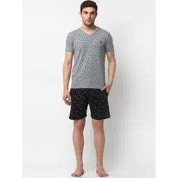 mack jonney VIMAL JONNEY Men Grey Melange & Black Printed Night suit-picture-18