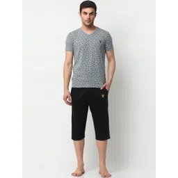 mack jonney VIMAL JONNEY Men Grey Melange & Black Printed Night suit-picture-19