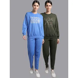 mack jonney VIMAL JONNEY Women Pack Of 2 Blue & Olive Green Printed Fleece Tracksuits-picture-37