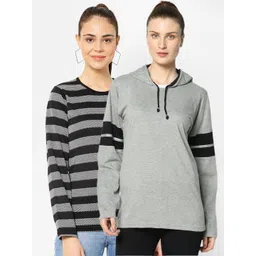 mack jonney VIMAL JONNEY Women Pack Of 2 Grey & Black Striped T-shirts-picture-41