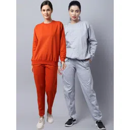 mack jonney VIMAL JONNEY Women Pack Of 2 Grey & Orange Solid Fleece Tracksuits-picture-36