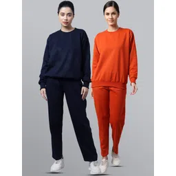 mack jonney VIMAL JONNEY Women Pack Of 2 Navy Blue & Orange Solid Fleece Tracksuits-picture-12
