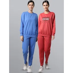 mack jonney VIMAL JONNEY Women Pack of 2 Pink & Blue Printed Fleece Tracksuits-picture-15