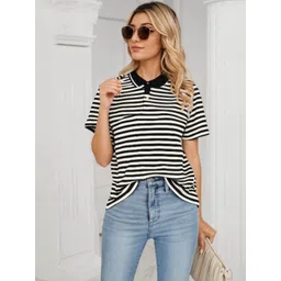 mack jonney VIMAL JONNEY Women Regular Fit Striped Polo Collar Cotton T-shirt-picture-14