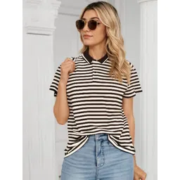 mack jonney VIMAL JONNEY Women Regular Fit Striped Polo Collar Cotton T-shirt-picture-15