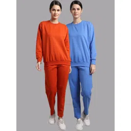 mack jonney VIMAL JONNEY Women Pack Of 2 Blue & Orange Solid Fleece Tracksuits image 1