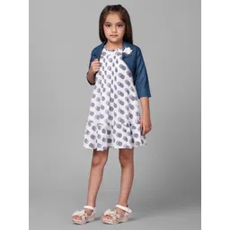 Macwin Girls Polka Dot Printed Crepe A-Line Dress with Denim Jacket-picture-15