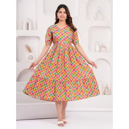 mad fury Women Geometric Printed Puff Sleeve Maternity Fit and Flare Dress-picture-24