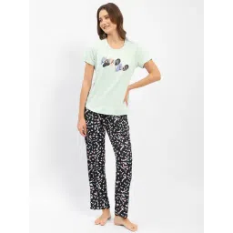 MADAME M Secret Black & Green Graphic Print T-Shirt With Pyjamas-image-44