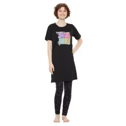 MADAME M Secret Black Graphic Print Long T-Shirt With Pyjamas-picture-19