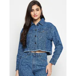 Madame Abstract Printed Crop Cotton Denim Jacket-picture-33