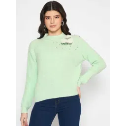 Madame Applique Mock Neck Mint Green Sweater For Women-picture-25