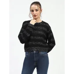 MADAME Black & White Self Design Crop Sweater-picture-27