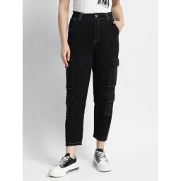 MADAME Black Cotton Regular Fit Mid Rise Cargo Pants-picture-39