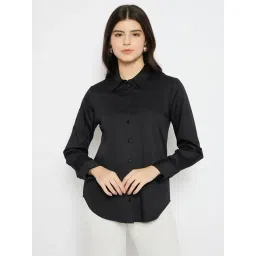 Madame Black Cotton Solid Long Sleeves Shirt-picture-37