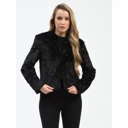 MADAME Black Polyester Solid Blazer-picture-40