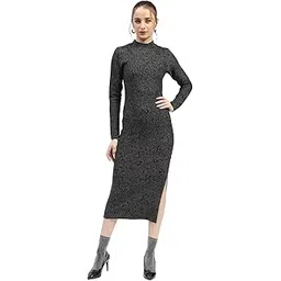 madame Black Textured Bodycon Dress with Long Sleeves-picture-11