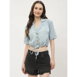 MADAME Blue Cotton Regular Fit Crop Shirt-picture-34