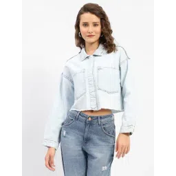 MADAME Blue Cotton Regular Fit Cropped Denim Shacket-picture-25