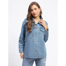 MADAME Blue Cotton Regular Fit Denim Jacket-picture-24