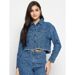 MADAME Blue Cotton Regular Fit Printed Jacket-picture-35