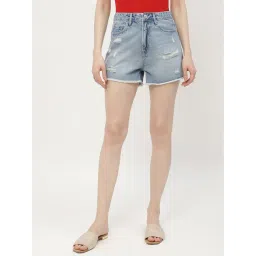 MADAME Blue Cotton Regular Fit Shorts-picture-19