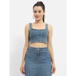 MADAME Blue Cotton Slim Fit Crop Top-picture-35