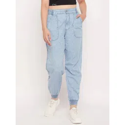 MADAME Blue Cotton Solid Jogger-picture-36