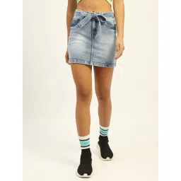 Madame Blue Cotton Straight Fit Solid Skirt-picture-11