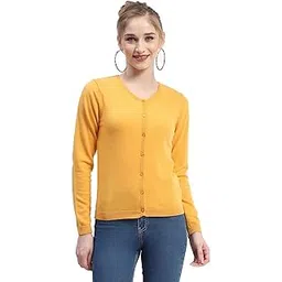 madame Crew Neck Solid Mustard Yellow Button Down Full Sleeve Cardigan-picture-11