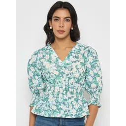 Madame Floral Print Puff Sleeve Cotton Cinched Waist Top-picture-38