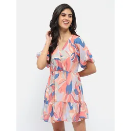 Madame Floral Print V-Neck Flared Sleeve Fit & Flare Dress-picture-39