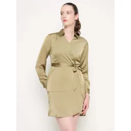 MADAME Green Plain A-Line dress Wrap Dress-picture-39