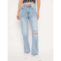 Madame Ice Blue Cotton Solid Mid Rise Jeans-picture-38