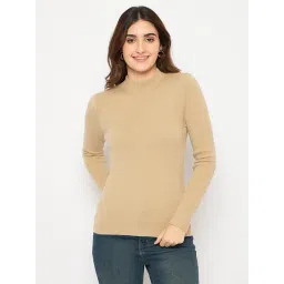 MADAME Khaki Viscose Solid Full Sleeves Sweater-picture-21
