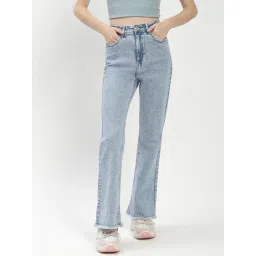 MADAME Light Blue Cotton Flared Fit Mid Rise Jeans-picture-37