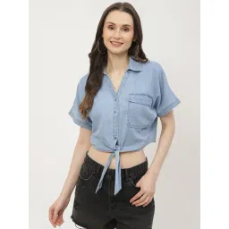 MADAME Light Blue Cotton Regular Fit Crop Shirt-picture-19