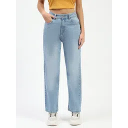 MADAME Light Blue Cotton Straight Fit Mid Rise Jeans-picture-31