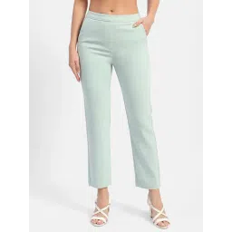 MADAME Light Green Flared Fit Mid Rise Trousers-picture-13