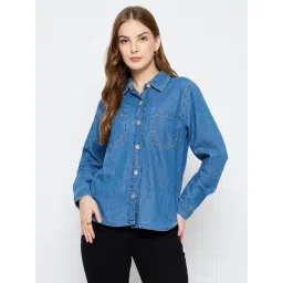 Madame Mid Blue Cotton Regular Fit Denim Shirt-picture-23